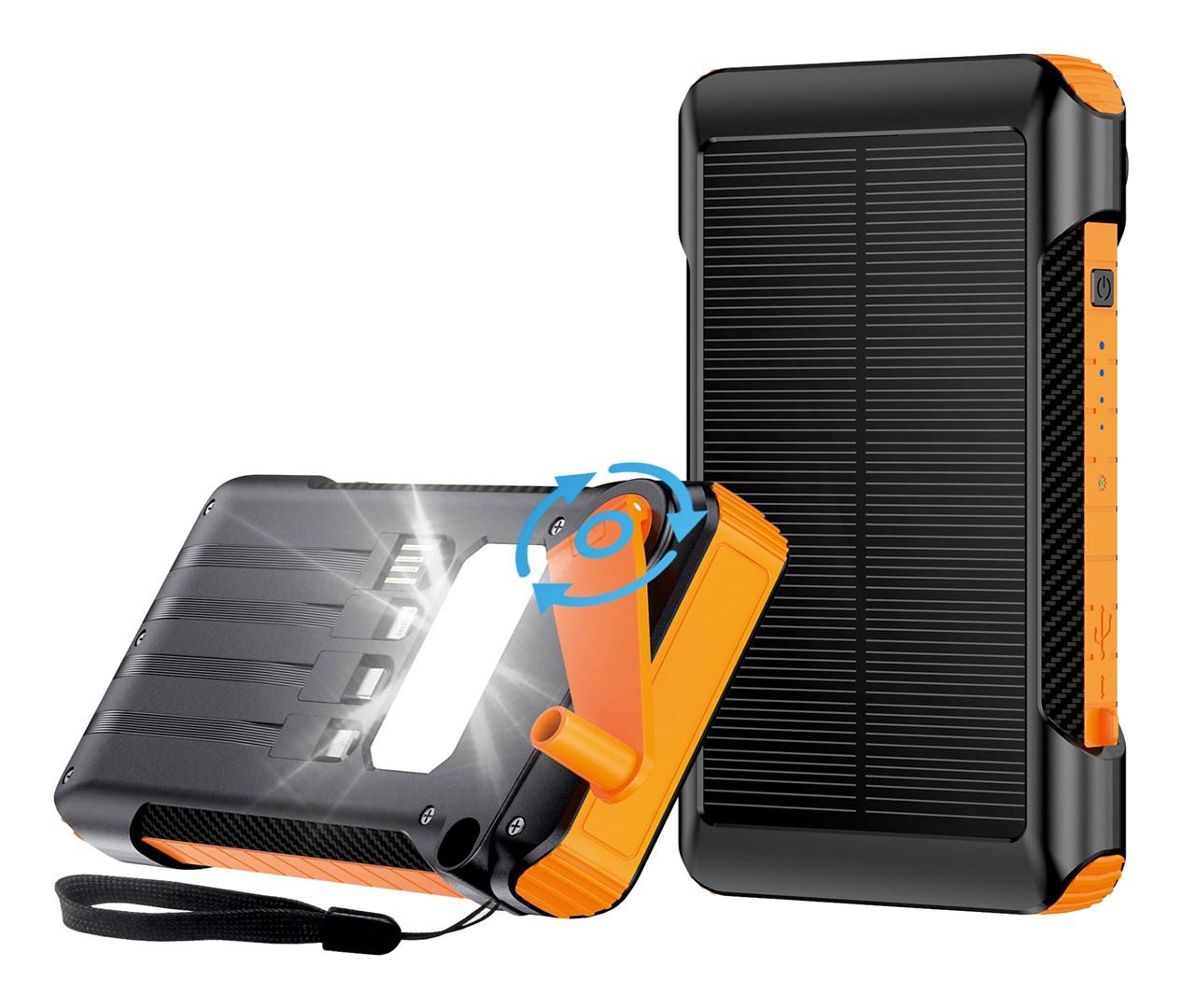 Solcelle powerbank med håndsving - sort/orange, 3 A, 3 enheder