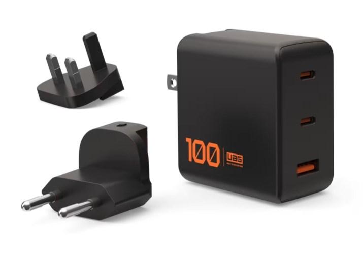 UAG 100 W GaN vægoplader - 2x USB-C + USB-A, hurtigopladning, sort/orange