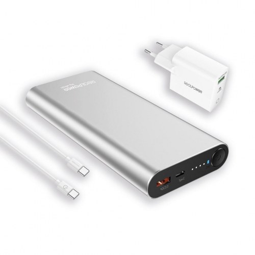 Powerbank 20.000 mAh i aluminium med USB-C PD 100 W og QC 3.0 - RealPower PB-20000PD