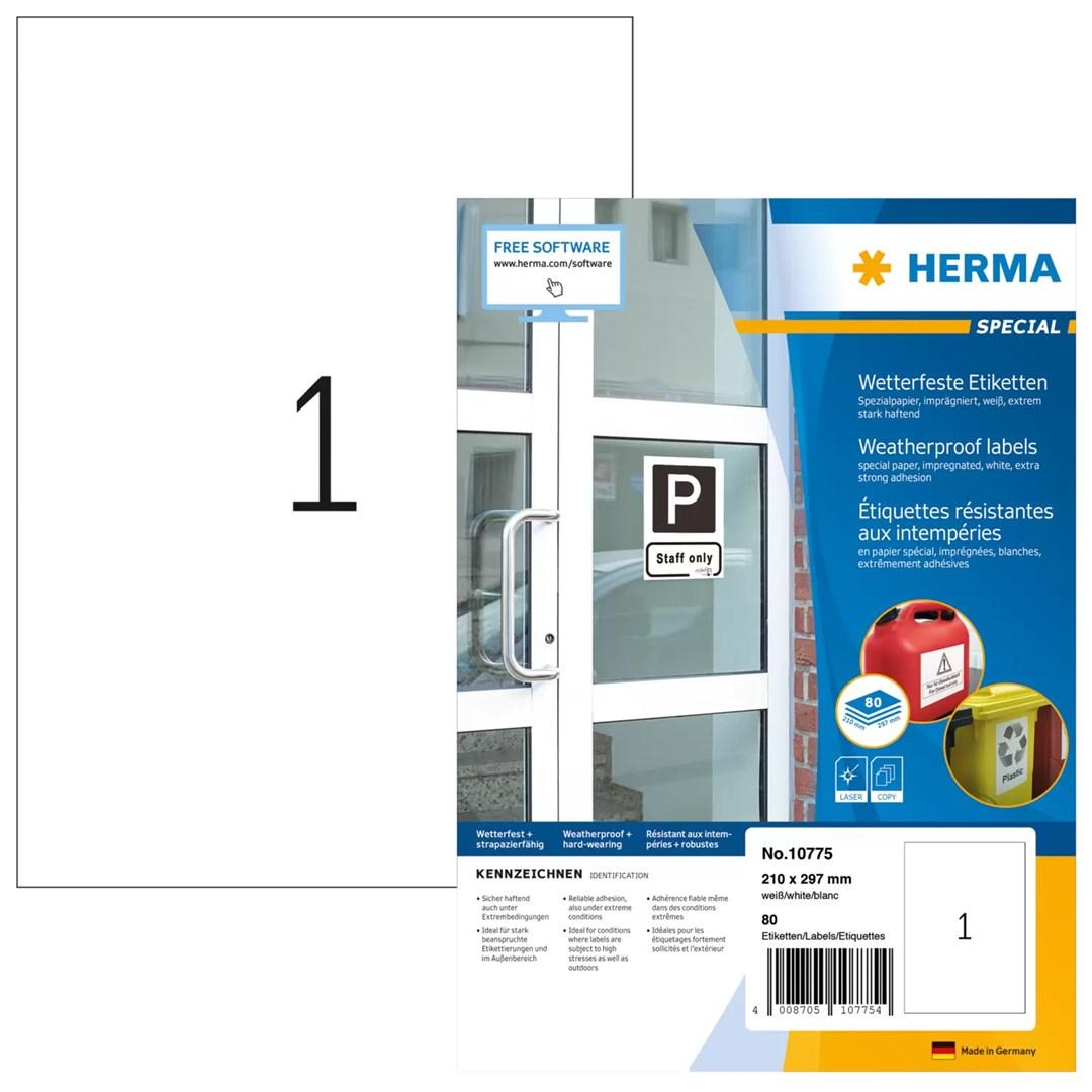 HERMA 10775 vejrbestandige selvklæbende printeretiketter - A4, hvid, 1 pr. ark (80 ark)