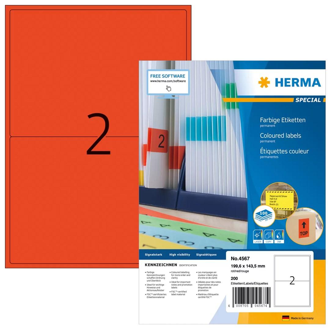 HERMA 4567 farvede etiketter - rektangel, rød, 200 stk.