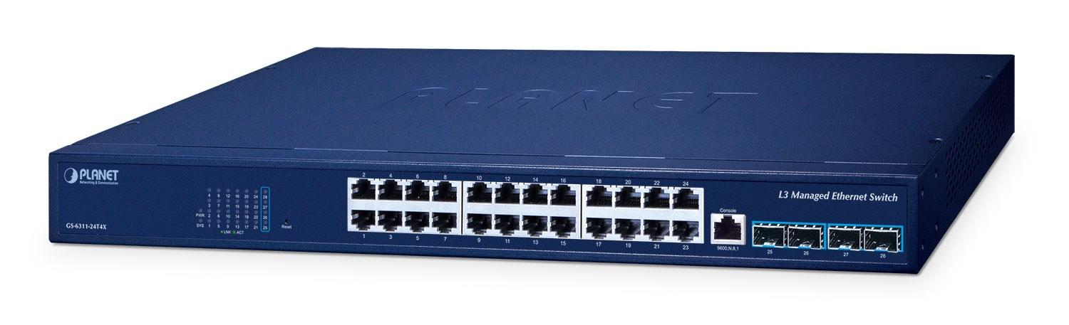 PLANET L3 administreret switch - 24x Gigabit PoE, 4x SFP+, blå
