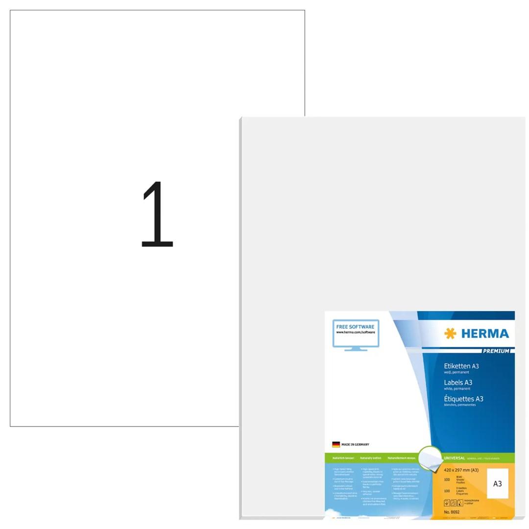 HERMA Premium A3 etiketter 297 × 420 mm - hvid, mat, 100 ark