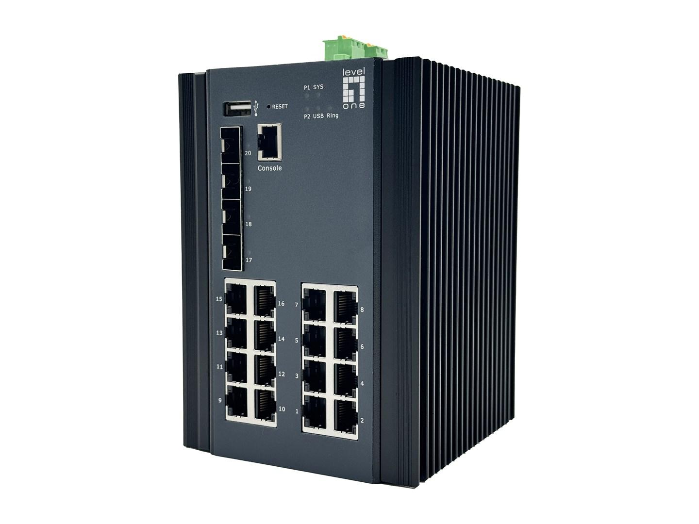 LevelOne 20-port L2+ administreret Gigabit industriswitch - 16x RJ45, 4x 1/2,5GbE SFP, DIN-skinne, -40° til 80°