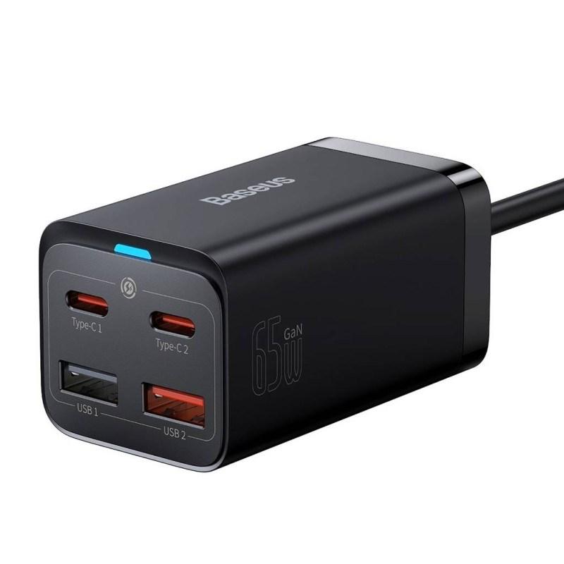 Baseus GaN3 Pro 65 W vægoplader - 2x USB-C + 2x USB, sort