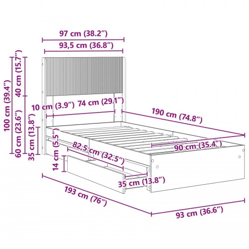 Sengestel med opbevaring og hovedgærde Sonoma-eg 90 x 190 cm