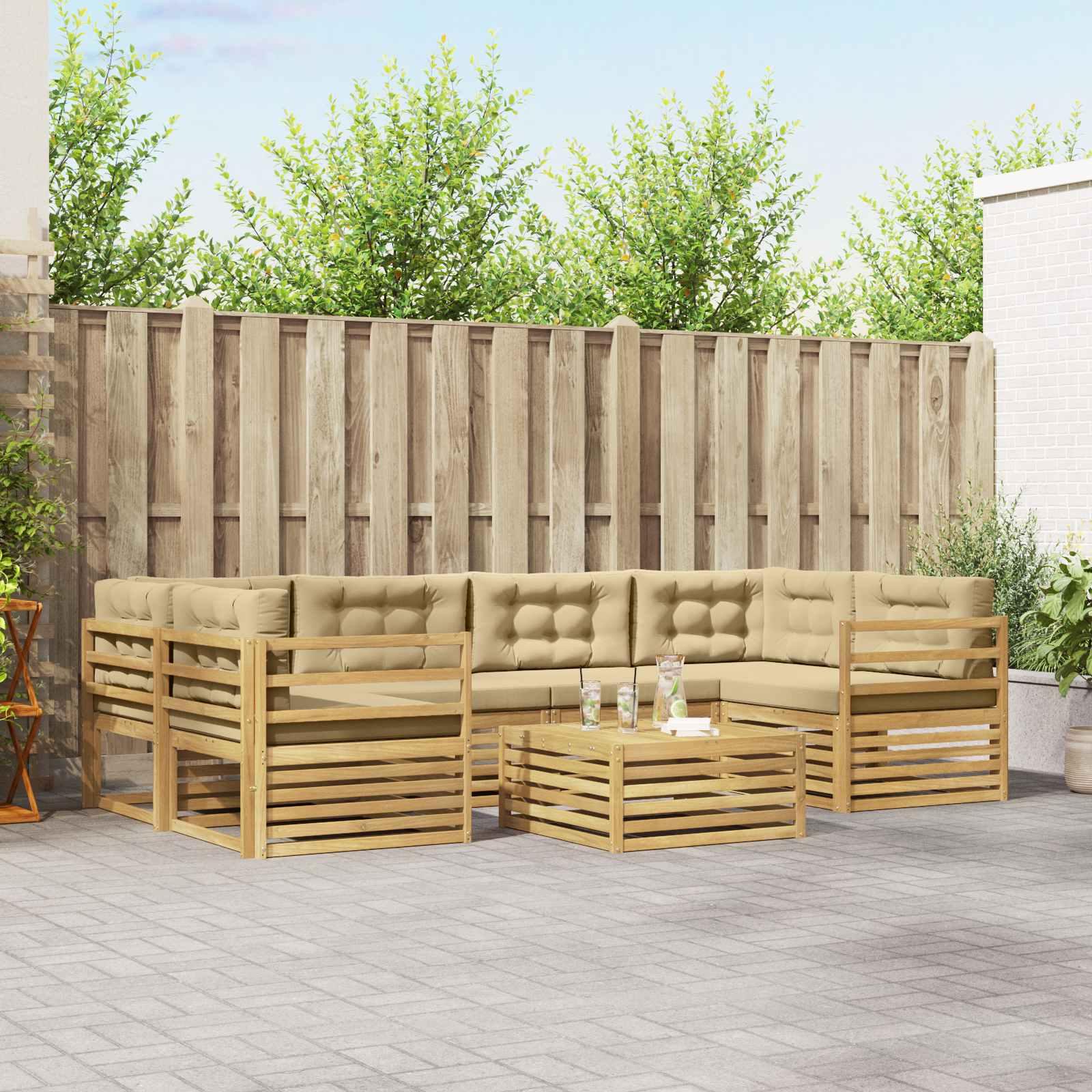 Udendørs sofagruppe med pude 7 stk Hvid og Beige Polyester