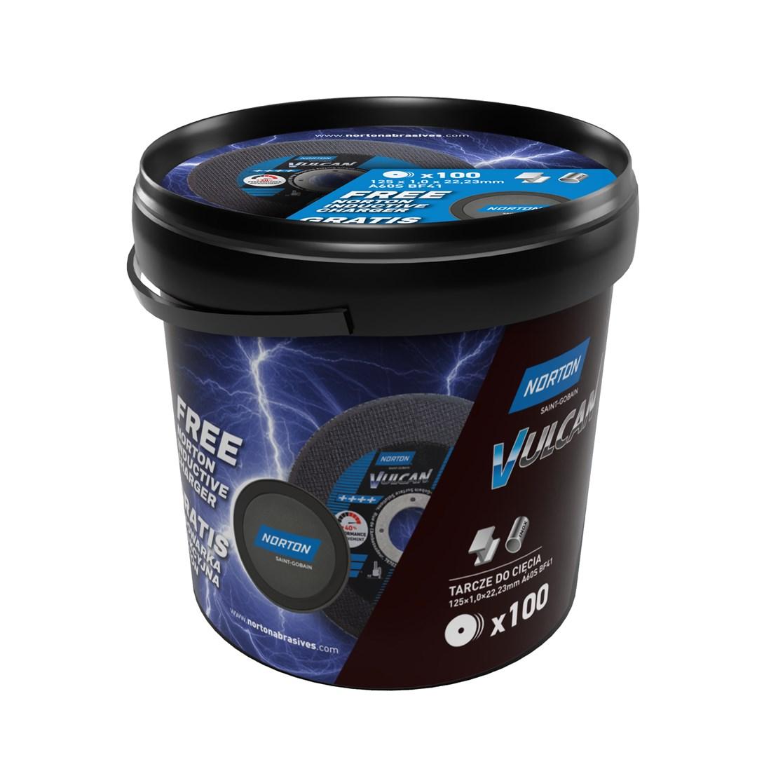 Norton Vulcan skæreskiver 125 × 1,0 mm - spand med 100 stk. til metal/INOX + induktionsoplader