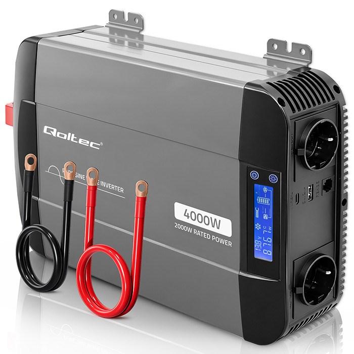 Qoltec strømomformer Pure Sine Wave - 12V til 230V, 2000/4000 W, LCD, USB/USB‑C - kompatibel med LiFePO4, GEL, AGM