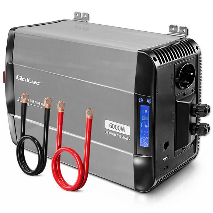 Qoltec Pure Sine Wave spændingsomformer 12V til 230V - 3000/6000 W, LCD, USB, USB-C - kompatibel med LiFePO4, GEL, AGM