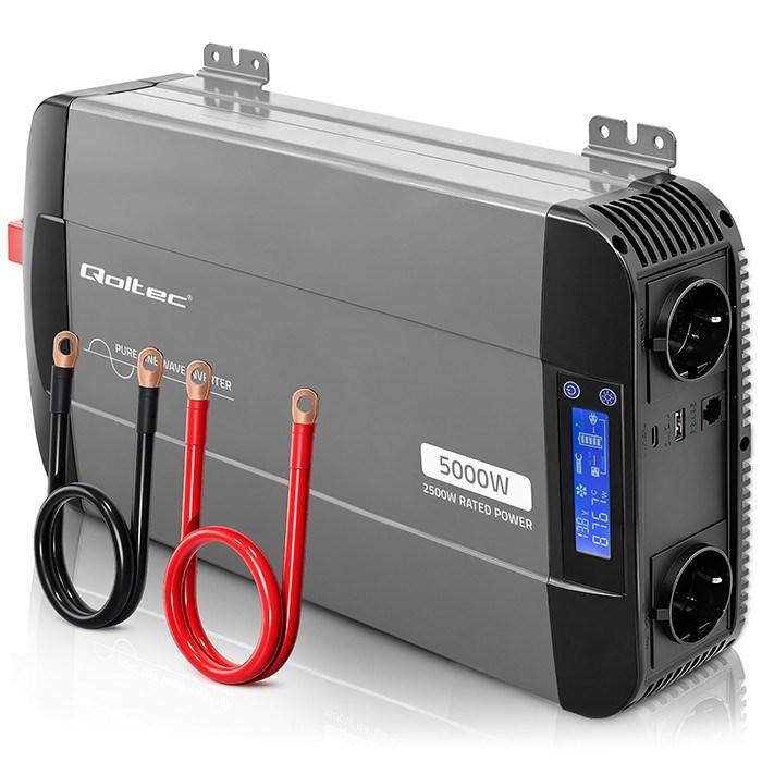Qoltec omformer med ren sinus 12V til 230V - 2500/5000 W, LCD, USB og USB‑C - kompatibel med LiFePO4, GEL, AGM