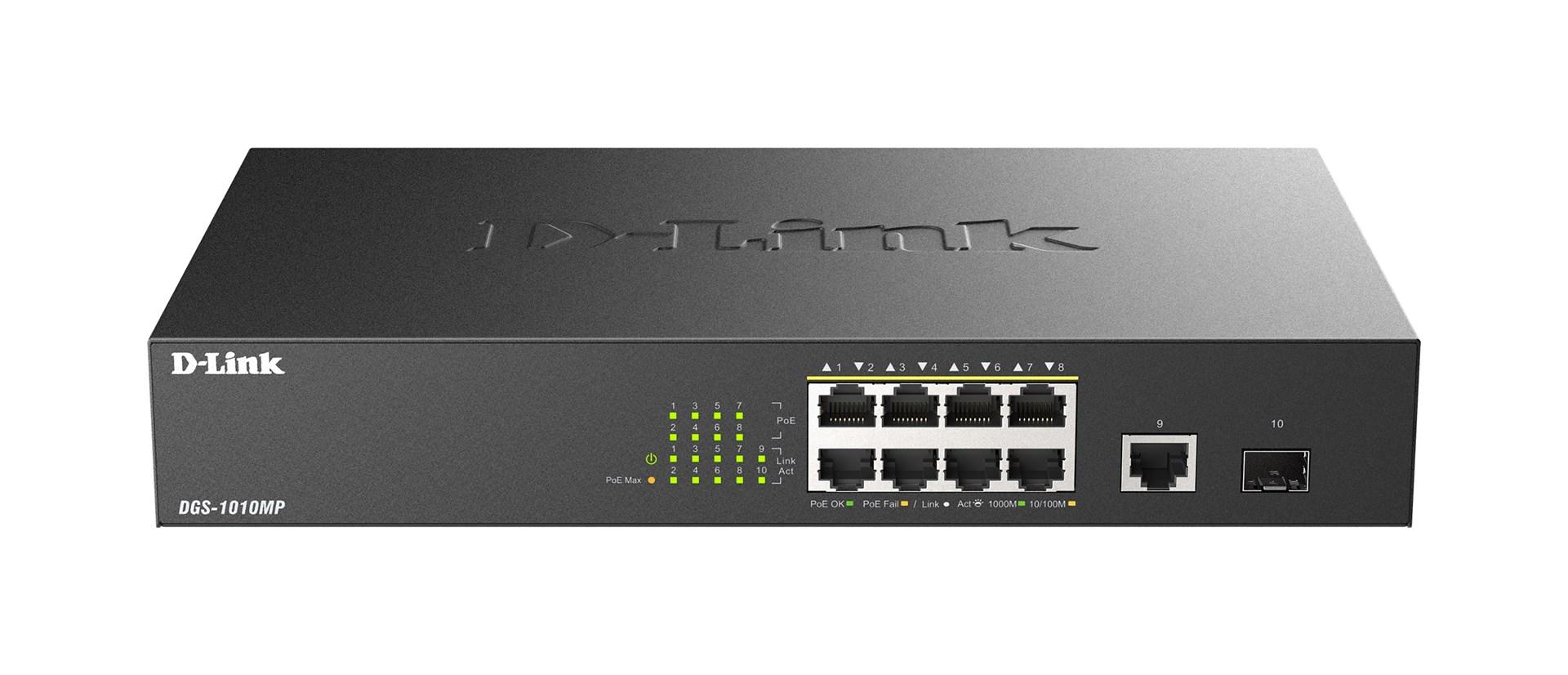 D-Link DGS 1010MP - Switch - ikke administreret - 8 x 10/100/1000 (PoE+) + 1 x 10/100/1000 (uplink) + 1 x 1000Base-X SFP (uplink) - desktop, monterbar på stativ - PoE+ (125 W)