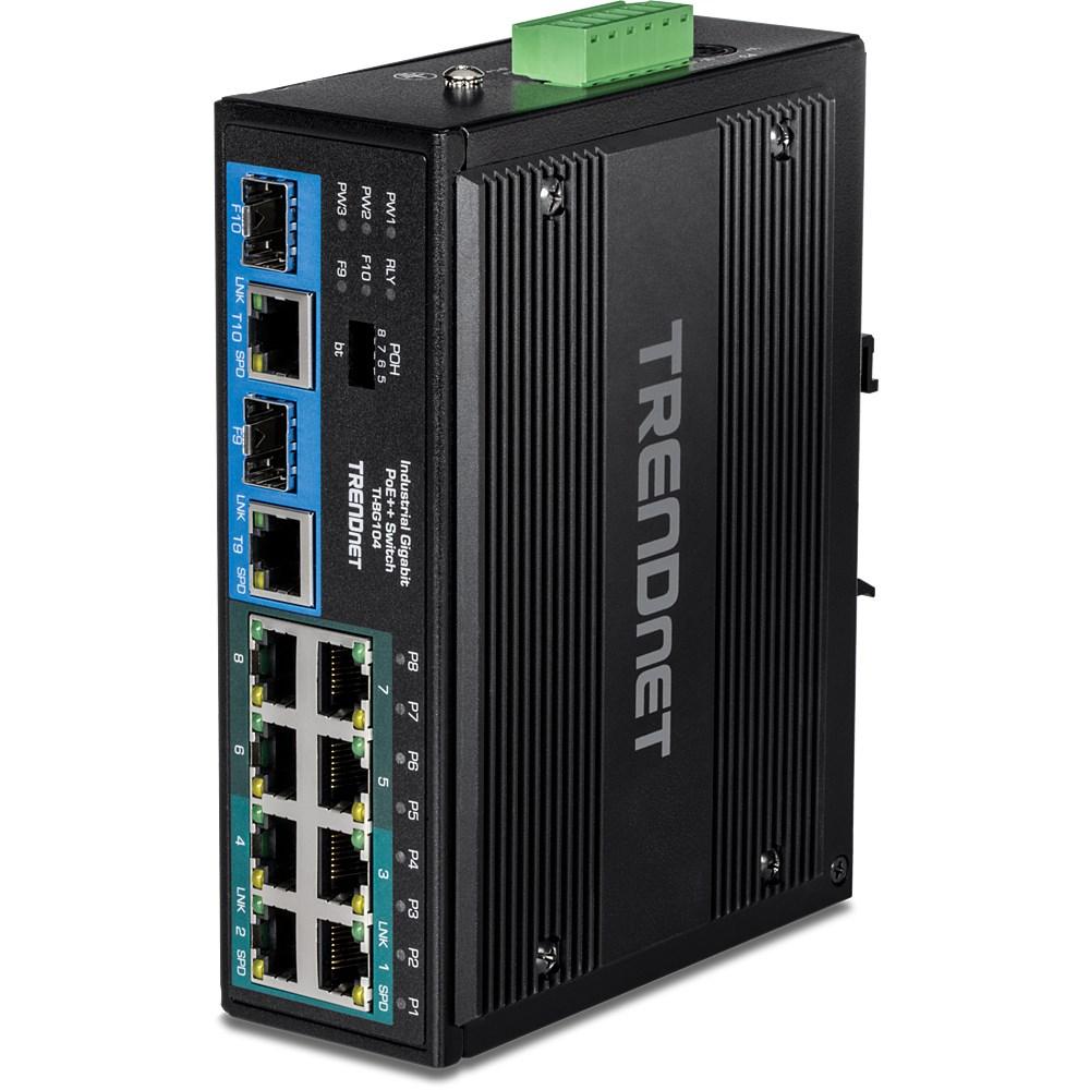 TRENDnet TI-BG104 - industriel unmanaged Gigabit switch med PoE/PoE++, 10×RJ-45 + 2×SFP, IP30 - sort