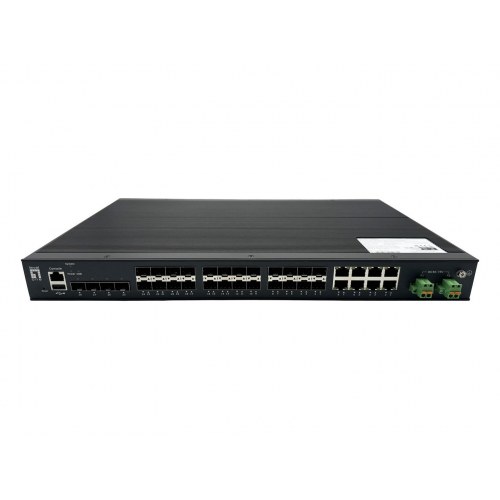 LevelOne 28-port L2+ administrerbar Gigabit fiber industrial switch - 4× 1,25/2,5 GbE SFP, 16× 1,25 GbE SFP, 8× Gigabit SFP/RJ45 combo, redundant strøm, -40°C til 80°C