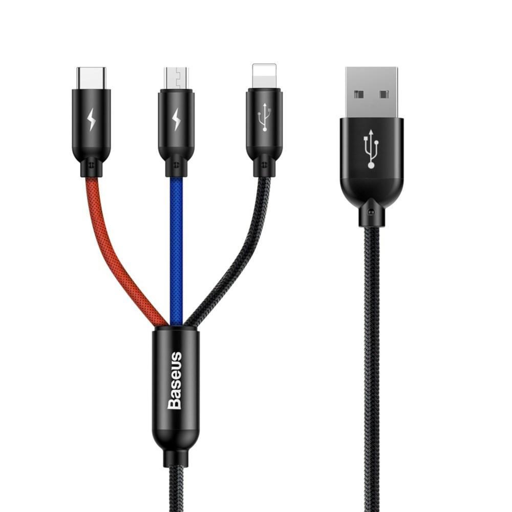 Baseus CAMLT-BSY01 3-i-1 USB-kabel 1,2 m - USB-A til 3 x USB-C, sort/rød/blå