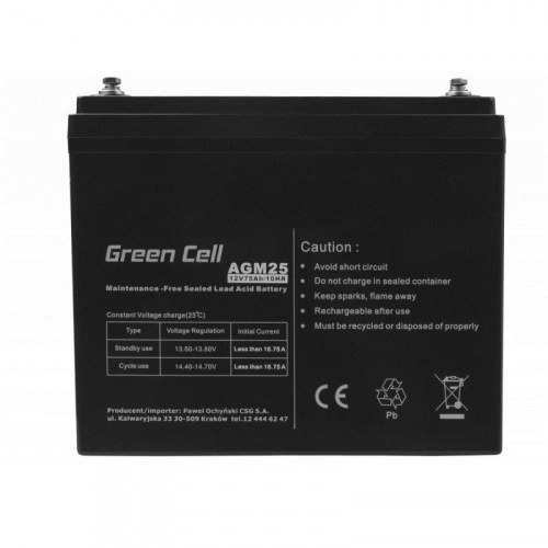 Batteri 12 V 75 Ah - Green Cell AGM25 VRLA (forseglet blysyre) (OUTLET A)