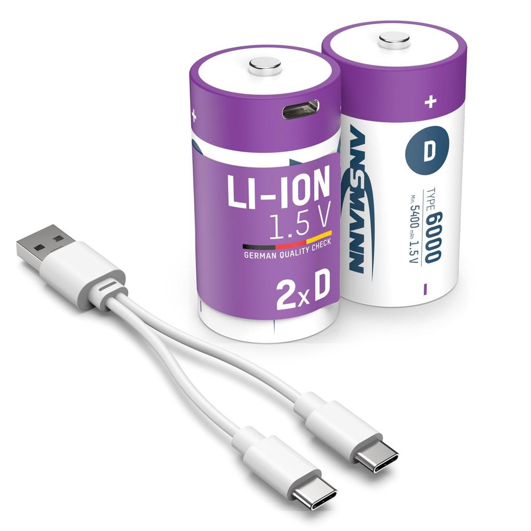 ANSMANN Li-ion D batterier 1,5 V 6000 mAh med USB‑C - 2 stk. billede
