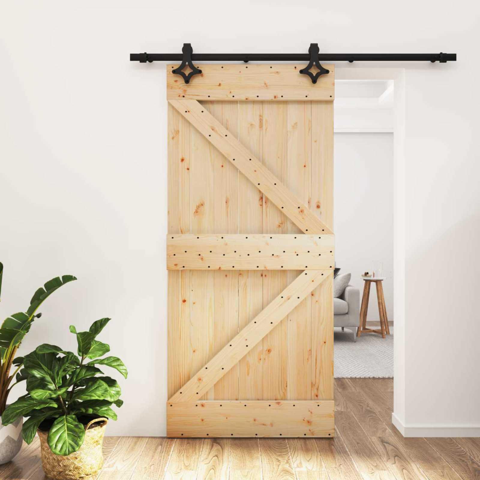 Skydedør i massivt fyrretræ - natur/sort 95 × 210 cm