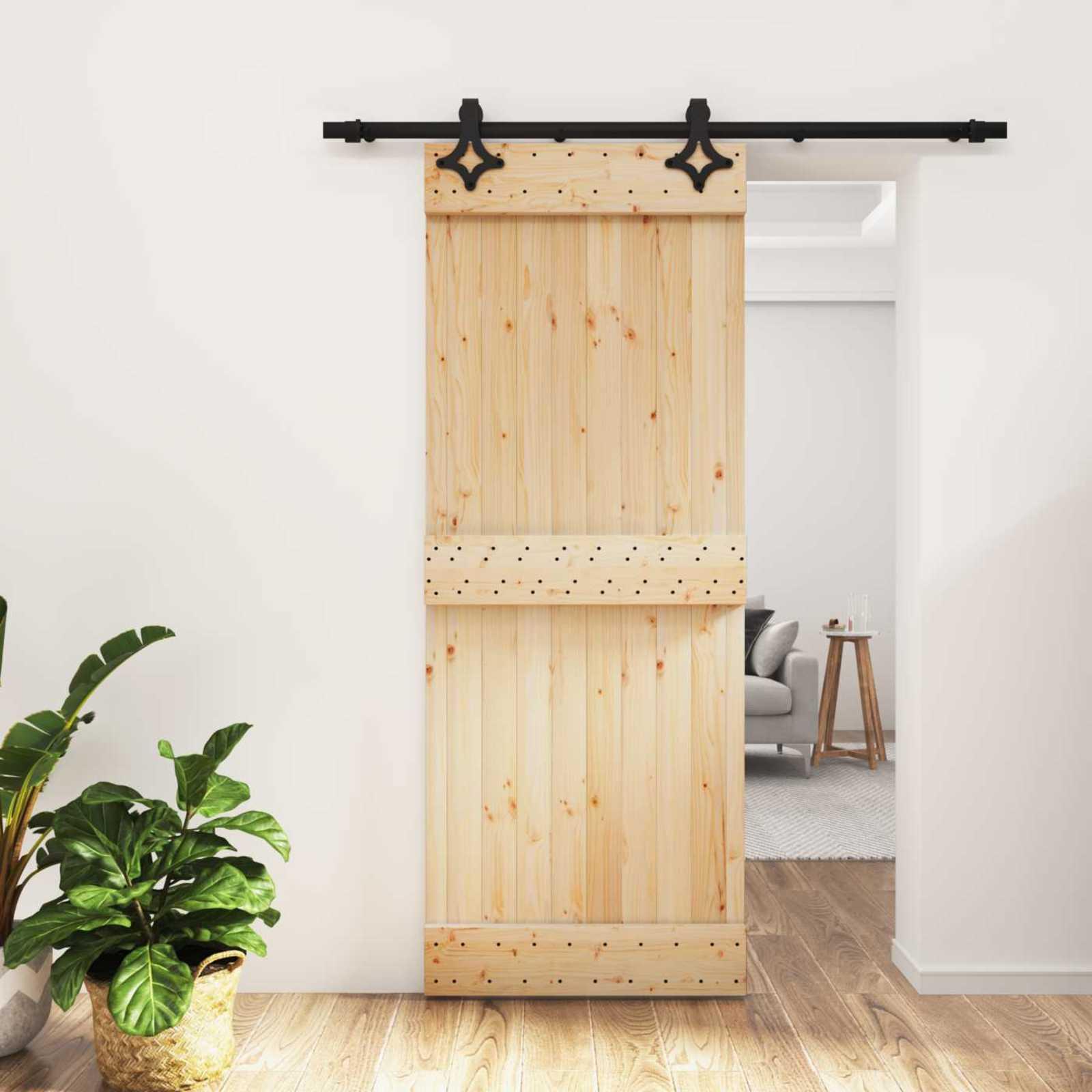 Skydedør i massivt fyrretræ 80 × 210 cm - natur/sort
