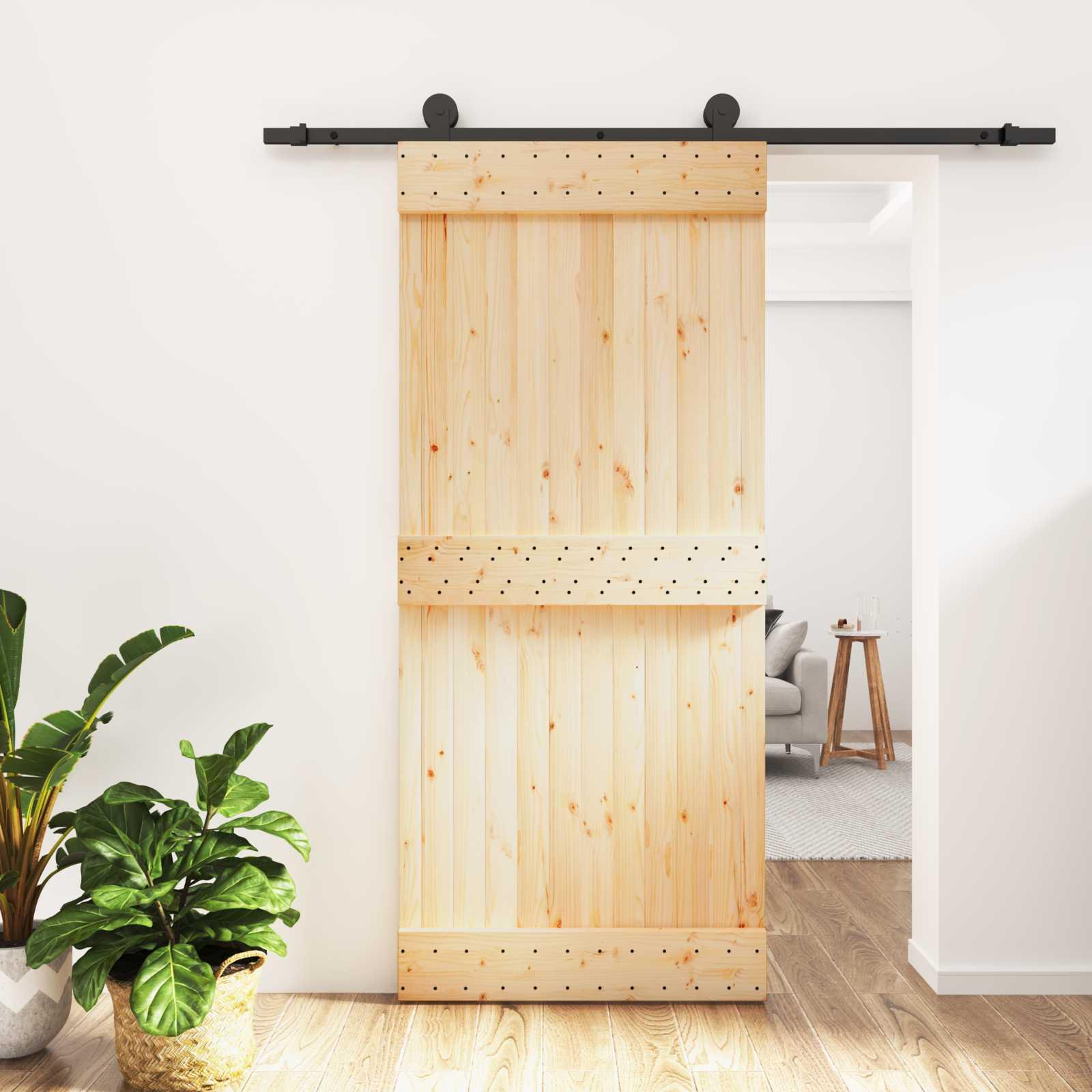 Skydedør i massivt fyrretræ - natur/sort 90 × 210 cm