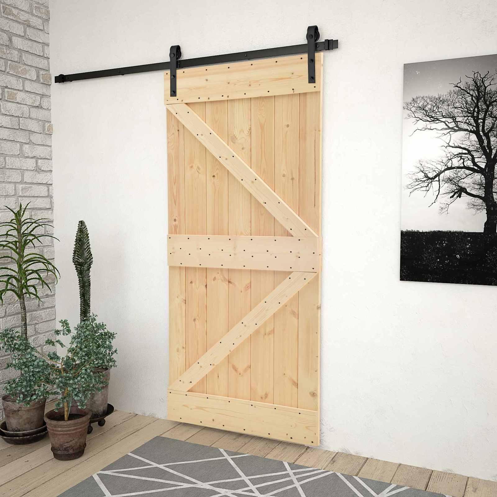 Skydedør Naturfarvet og sort 80 x 210 cm Massivt fyrretræ billede