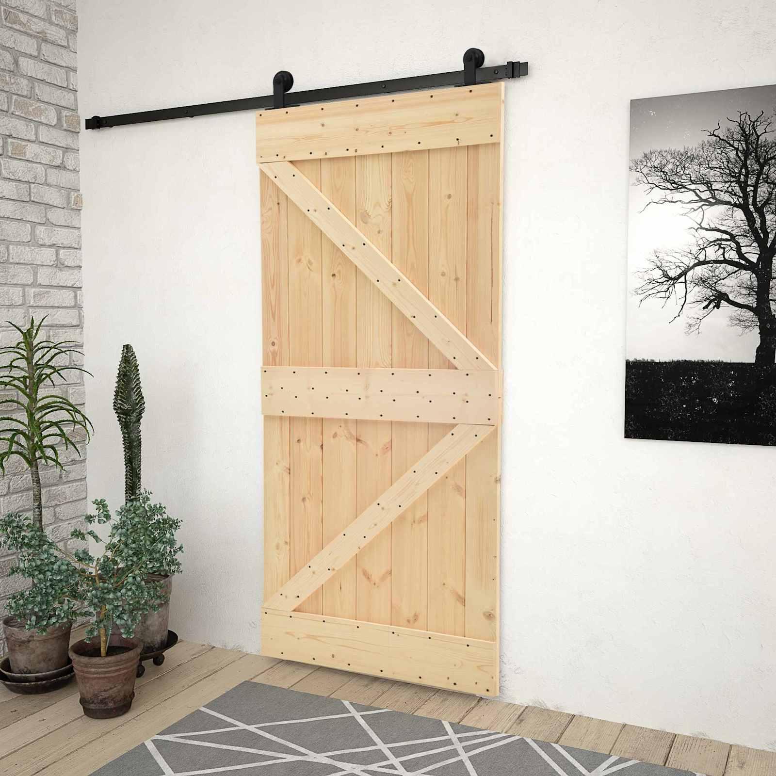 Skydedør Naturfarvet og sort 80 x 210 cm Massivt fyrretræ billede