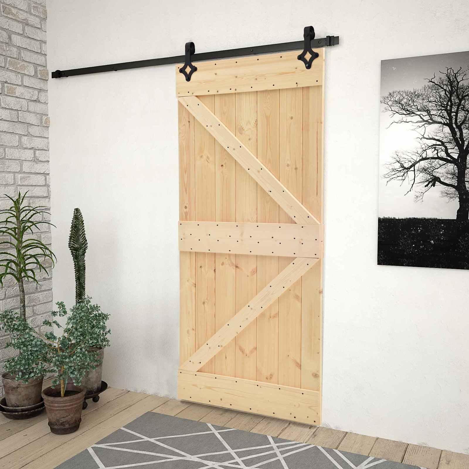 Skydedør Naturfarvet og sort 80 x 210 cm Massivt fyrretræ billede