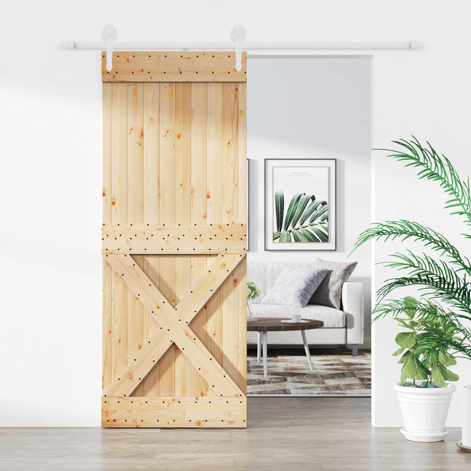 Skydedør i massivt fyrretræ, natur/hvid - 90 × 210 cm