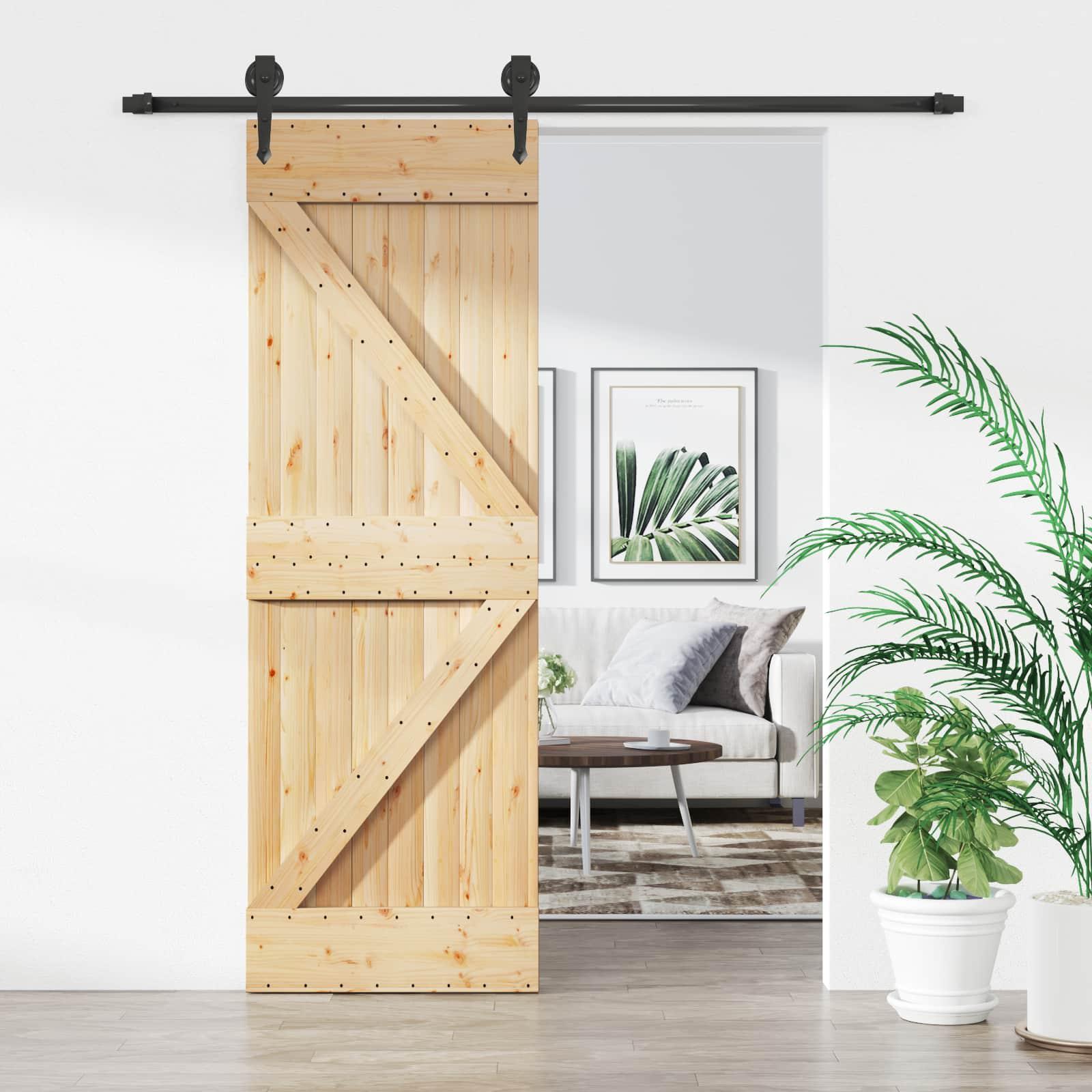 Skydedør i massivt fyrretræ - natur/sort, 70 × 210 cm billede