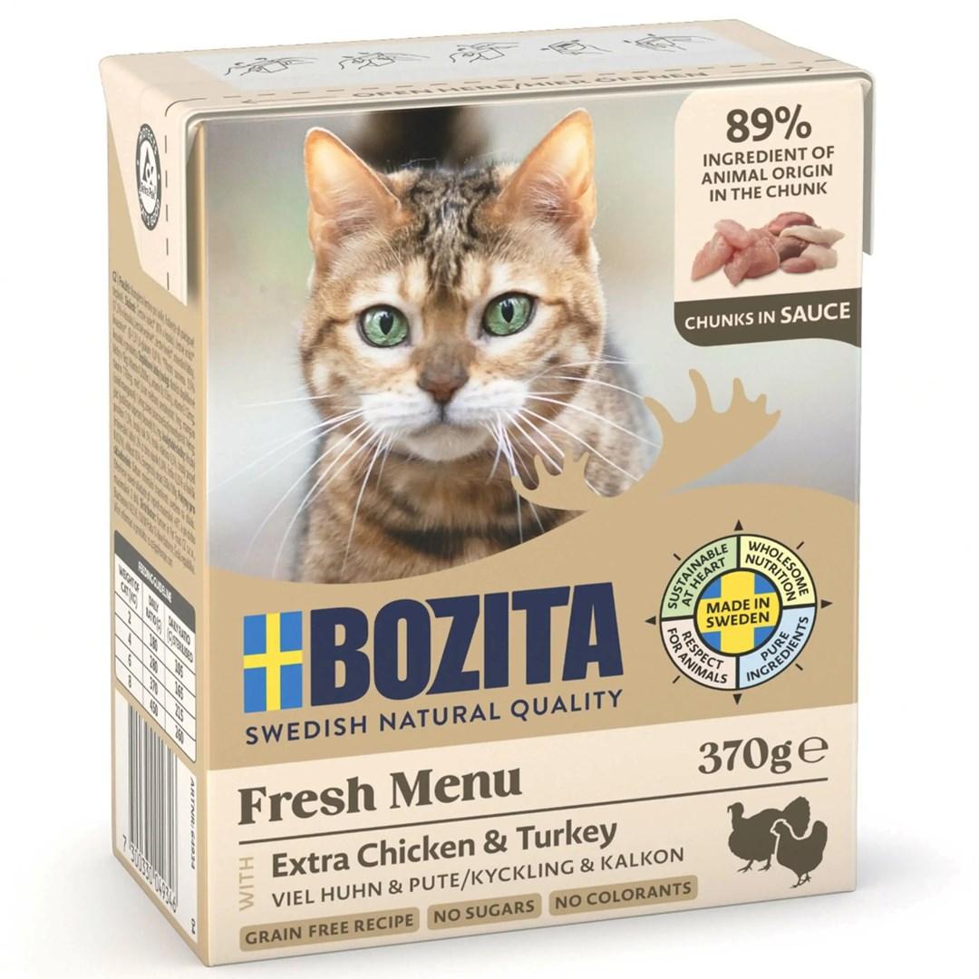 BOZITA Fresh Menu - kødstykker af fjerkræ i sauce, vådfoder til kat - 370 g