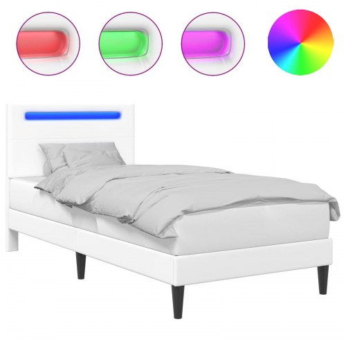 Sengestel med LED-lysstrimler Hvid 90 x 200 cm Kunstlæder
