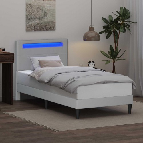 Sengestel med LED-lysstrimler Hvid 90 x 200 cm Kunstlæder