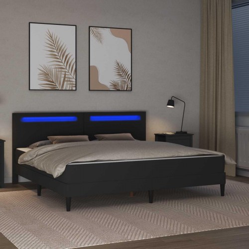 Sengestel med LED-lysstrimler Sort 200 x 200 cm Kunstlæder