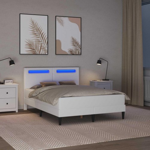 Sengestel med LED-lysstrimler Hvid 160 x 200 cm Kunstlæder