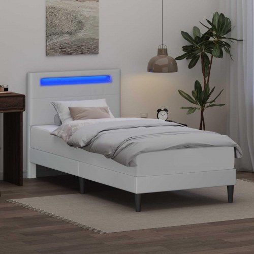 Sengestel med LED-lysstrimler Hvid 100 x 200 cm Kunstlæder