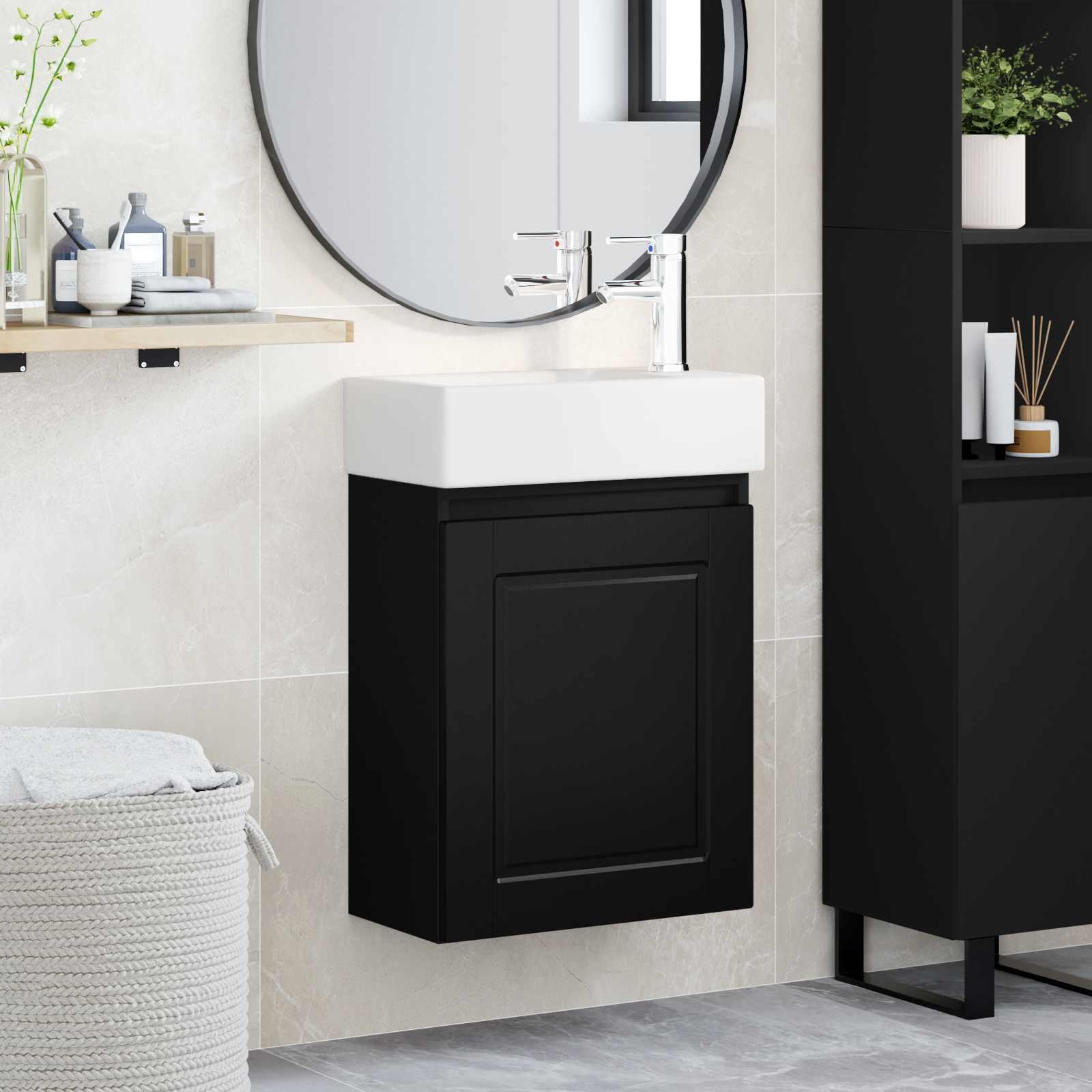Badeværelses vanity-enhed med vask og armatur - sort, 45,5 × 22,5 × 84 cm billede