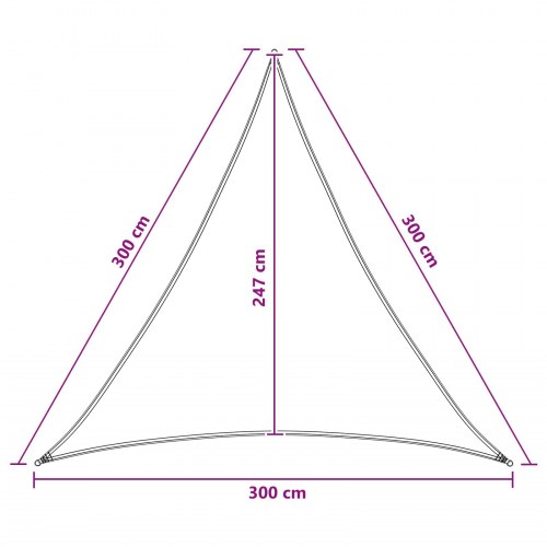 Trekantet solsejl 3 × 3 × 3 m i HDPE - stribet, med rustfri fastgørelse