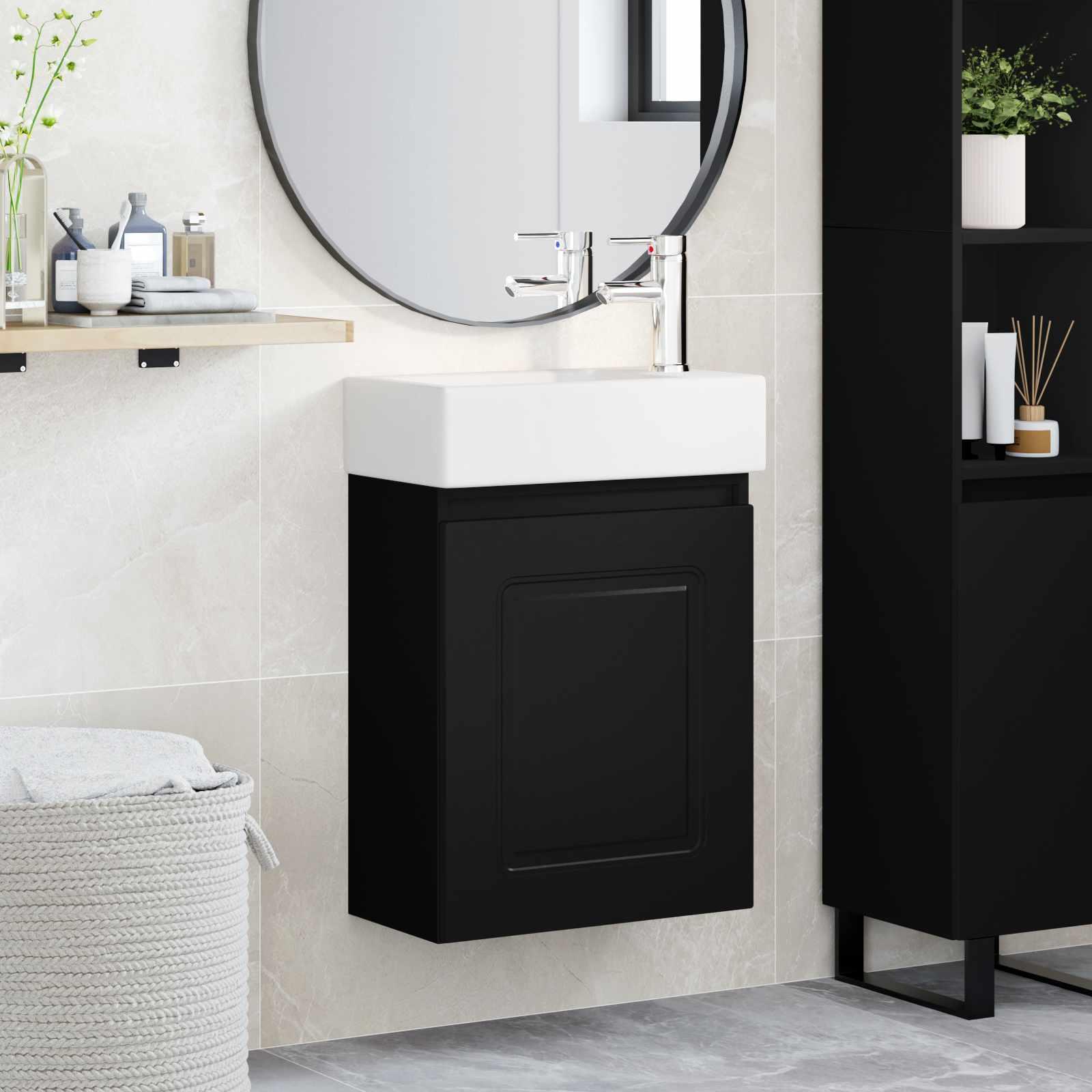Badeværelses vanity-enhed med vask og armatur - sort, vægmonteret 45,5 × 22,5 × 84 cm billede
