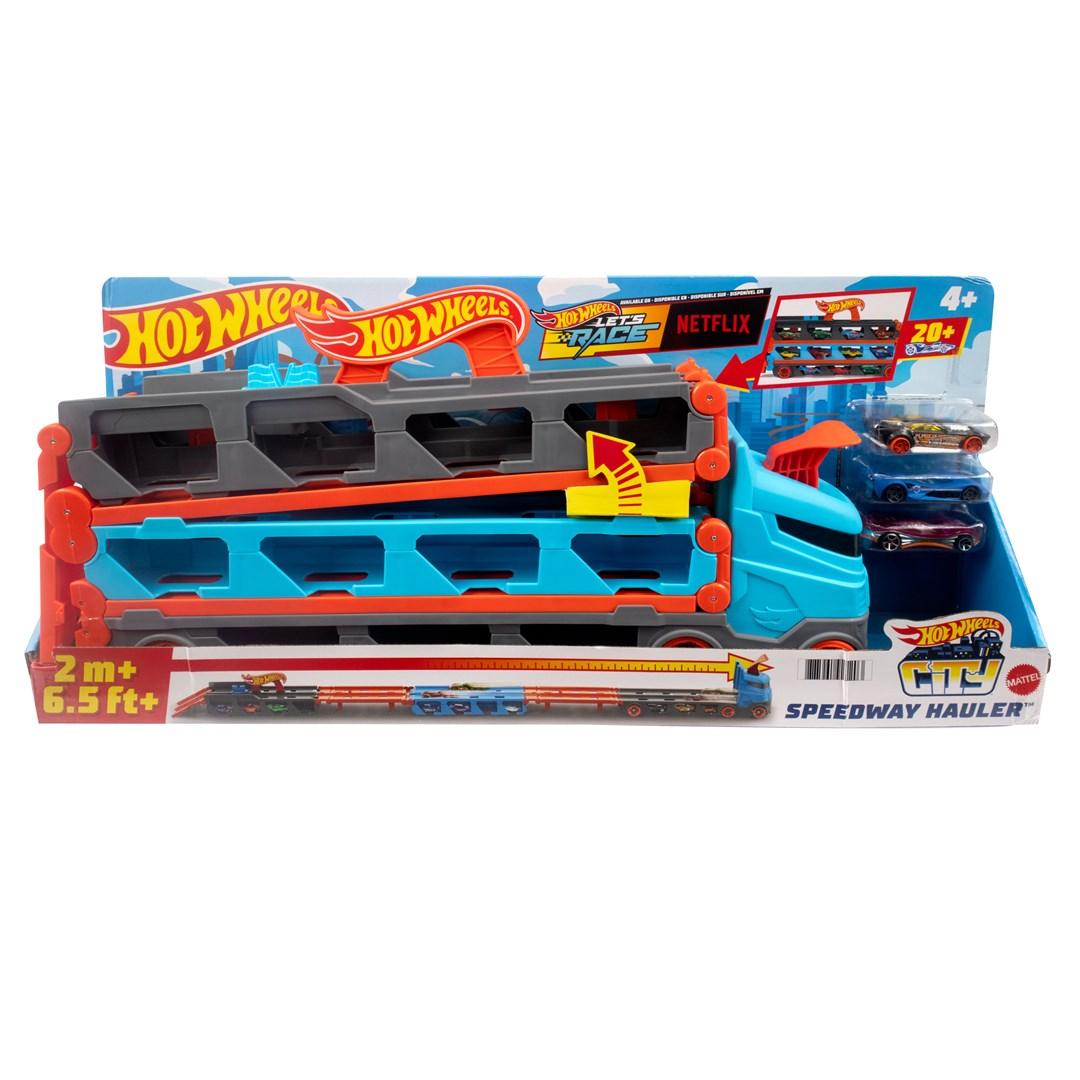 Hot Wheels City Speedway Hauler - transportlastbil med 3 biler (1:64)