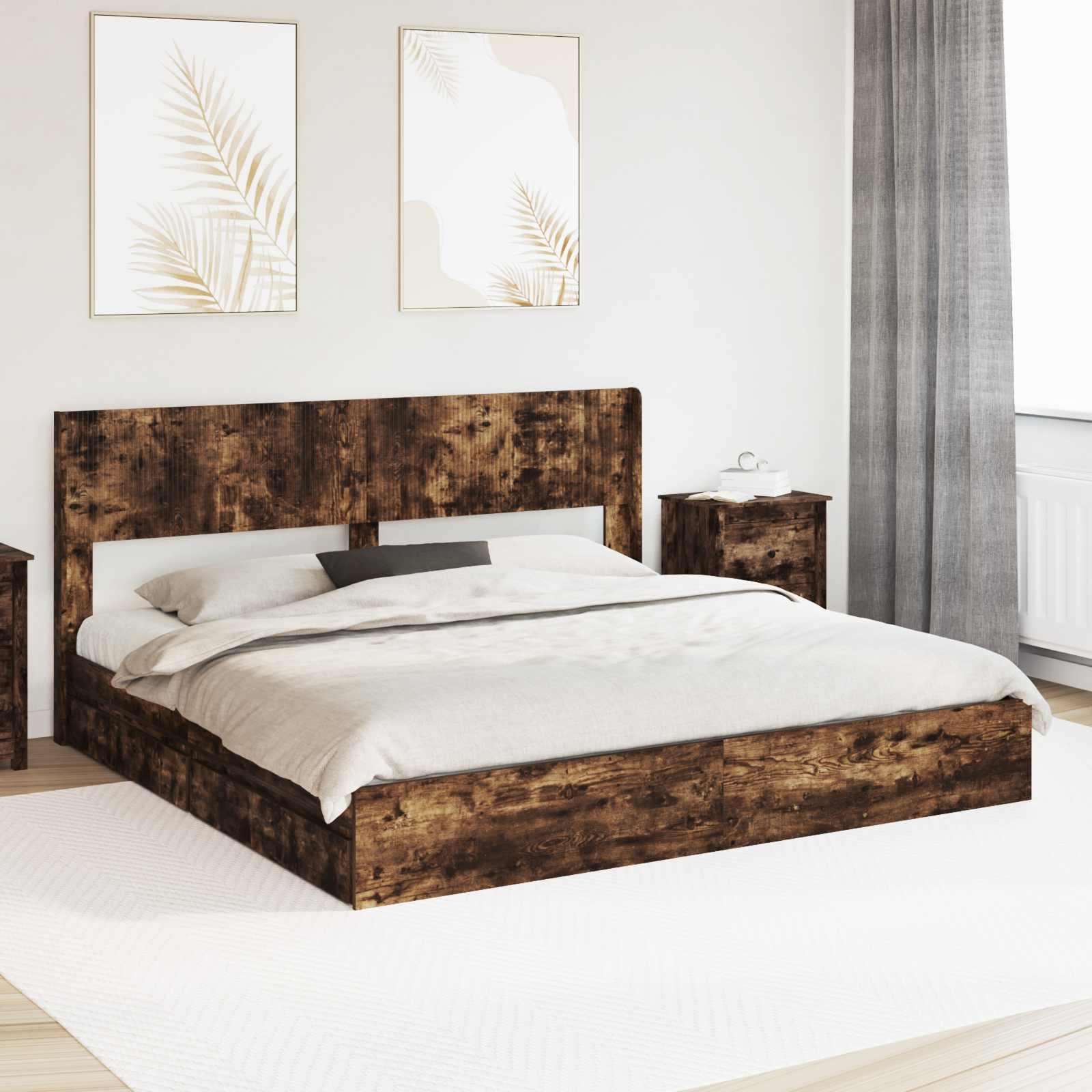 Sengestel med opbevaring og hovedgærde Røget eg 180 x 200 cm billede