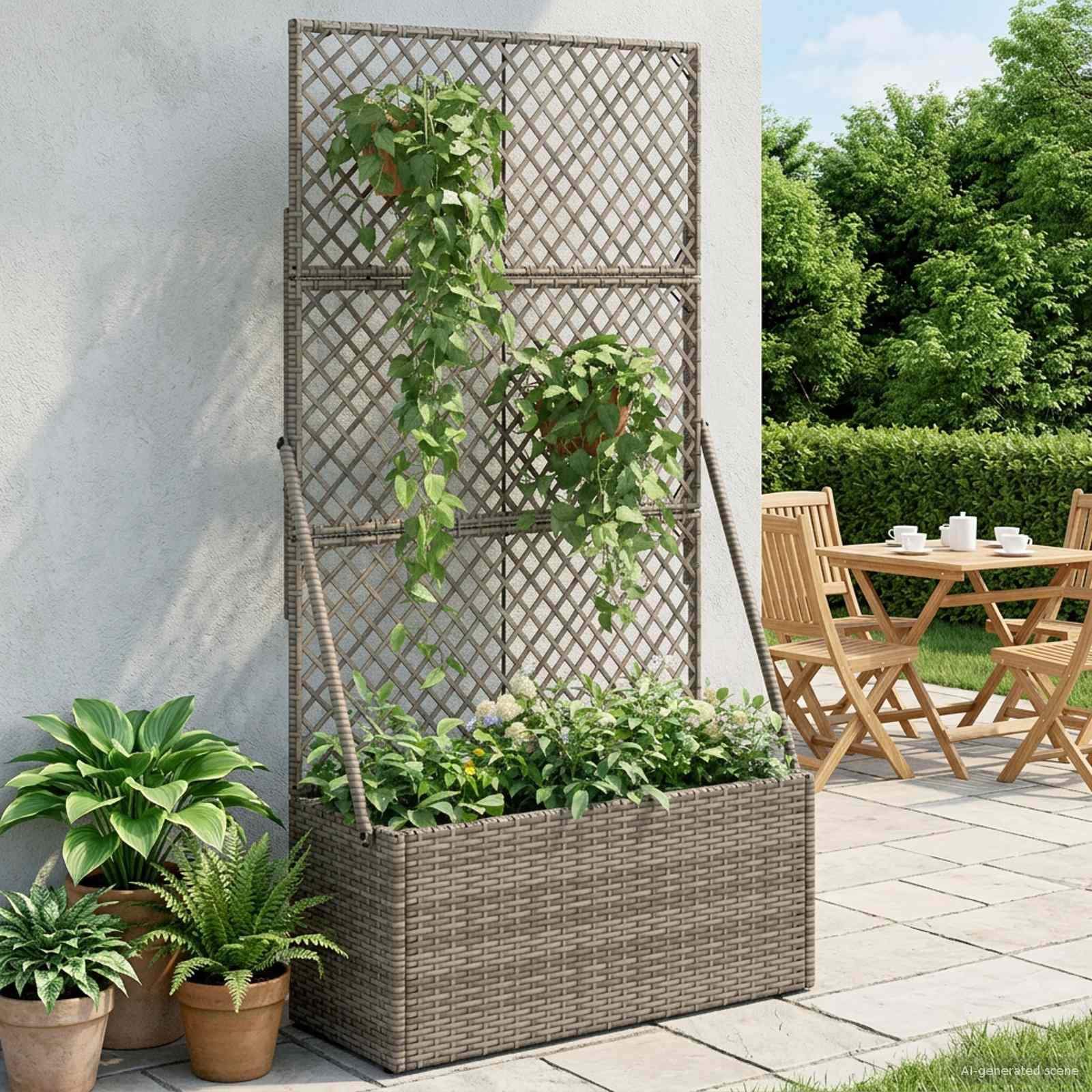 Havekrukke med trellis Grå 70 x 30 x 135 cm polyrattan billede