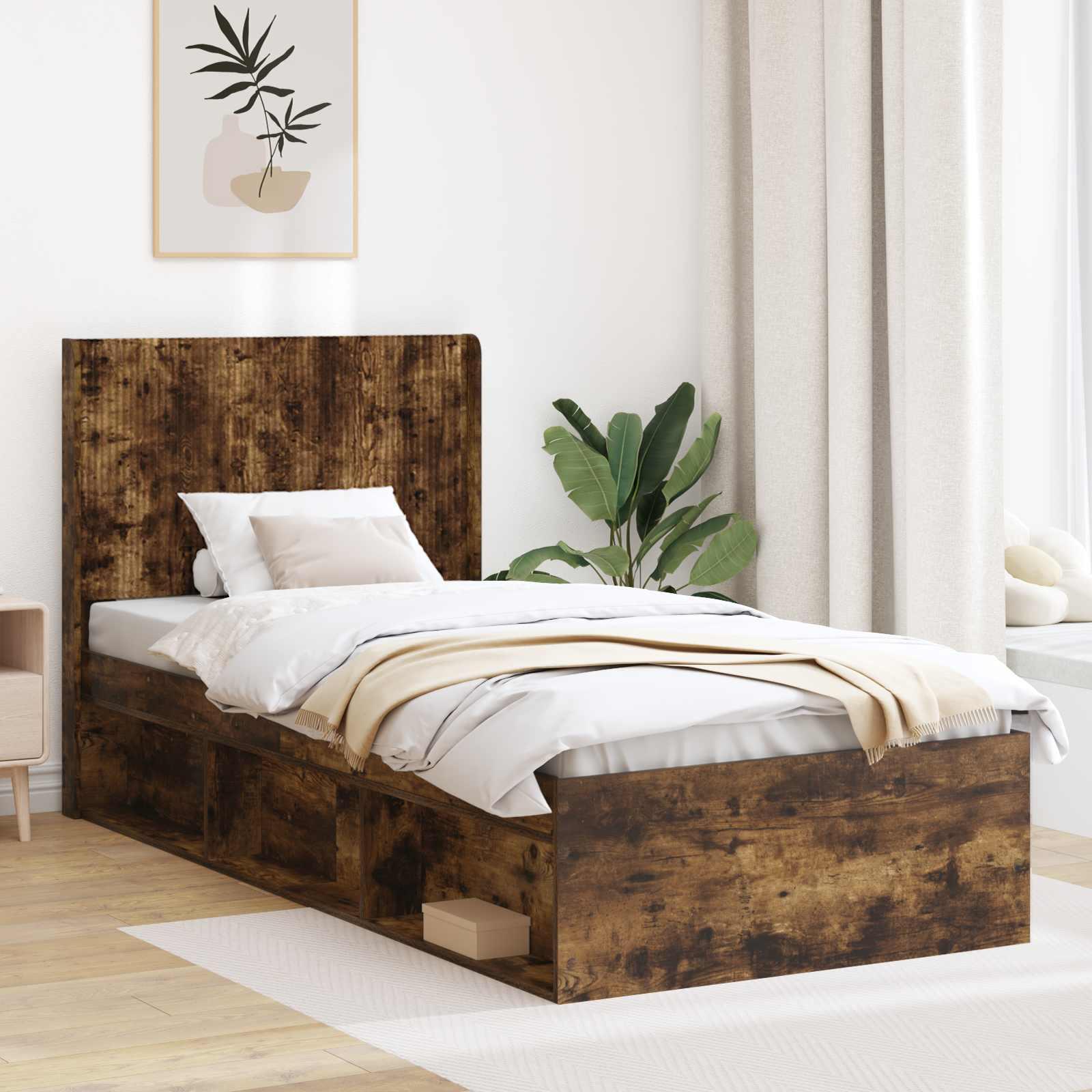 Sengestel med opbevaring og hovedgærde Røget eg 100 x 200 cm billede