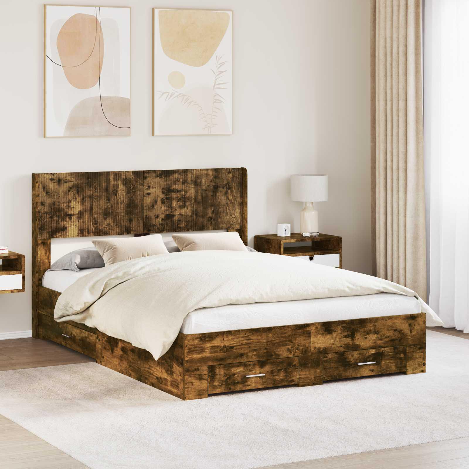 Sengestel med opbevaring og hovedgærde Røget eg 140 x 200 cm billede