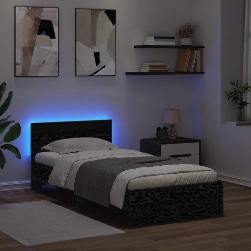 Sengestel med LED og hovedgavl - sort eg, 80 x 200 cm