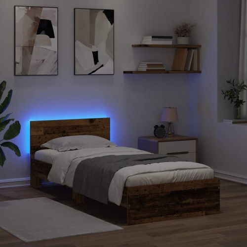 Sengestel med LED og hovedgavl - gammelt træ 80 x 200 cm
