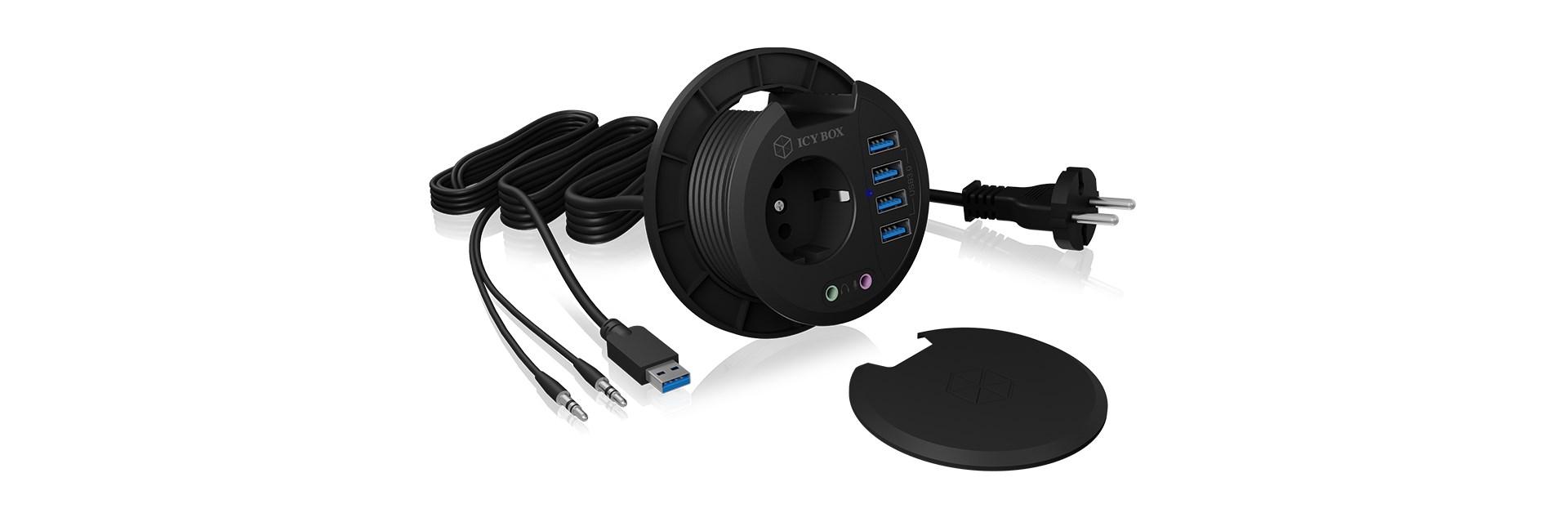 ICY BOX IB-HUB1430 indbygnings USB-hub med strømudtag - sort