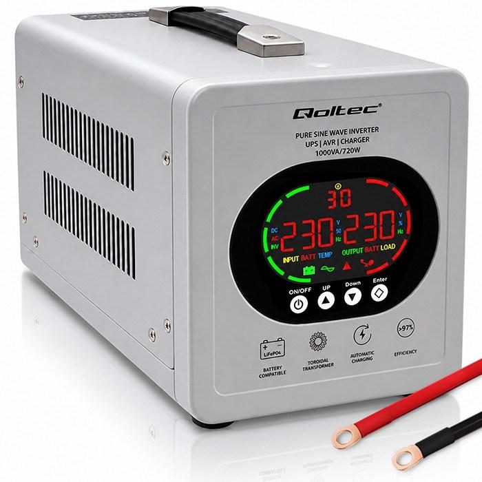 Qoltec UPS med ren sinus - 1000 VA/720 W, inverter 12/230 V med AVR, LCD, kompatibel med LiFePO4/AGM/GEL billede