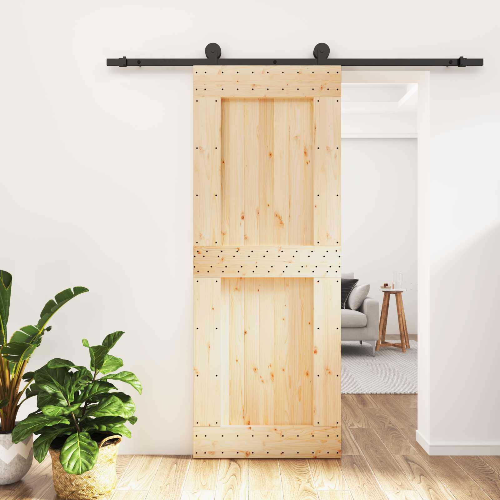 Skydedør i massivt fyrretræ - natur/sort 80 × 210 cm