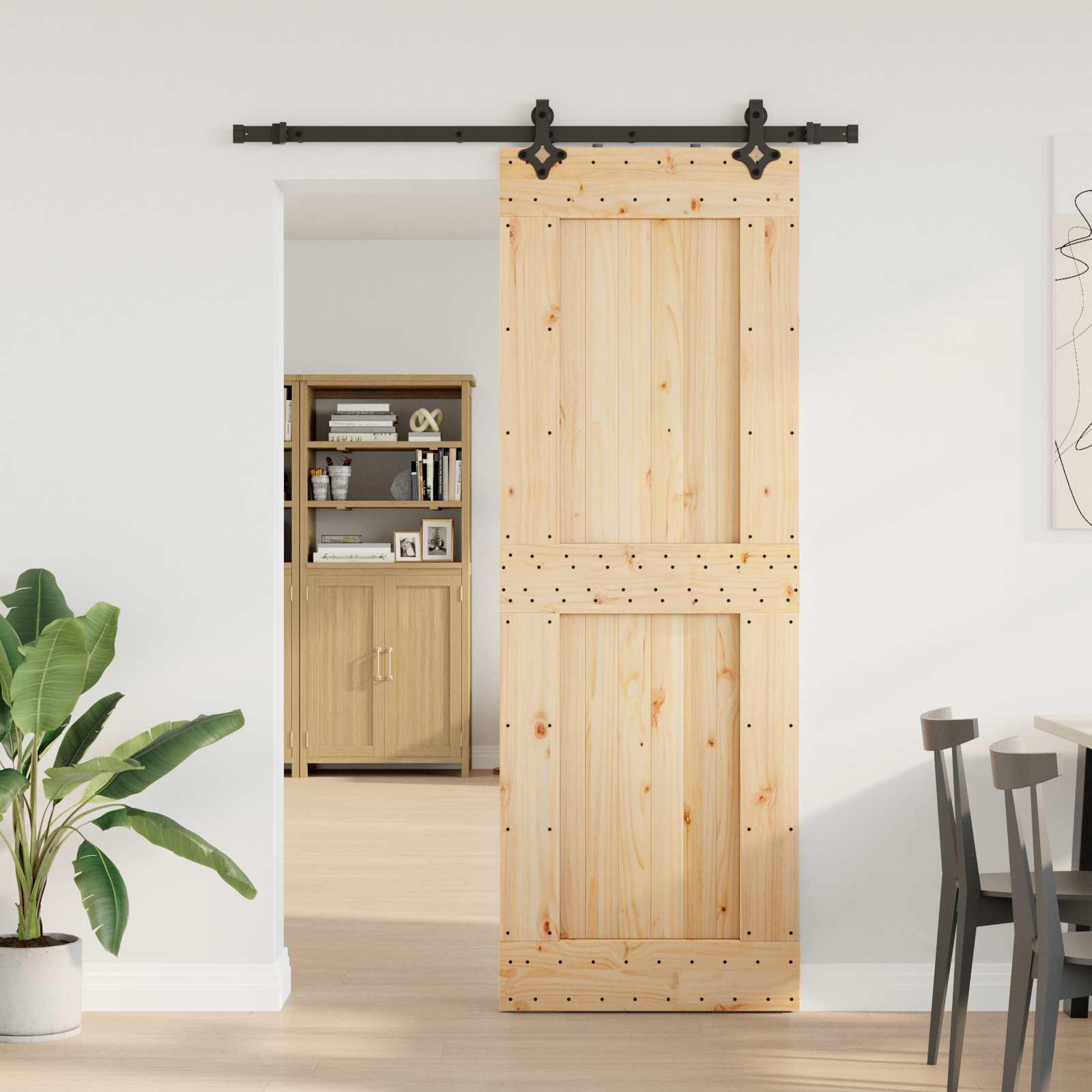 Skydedør i fyrretræ - natur/sort 80 × 210 cm (skinne 152,5 cm) billede