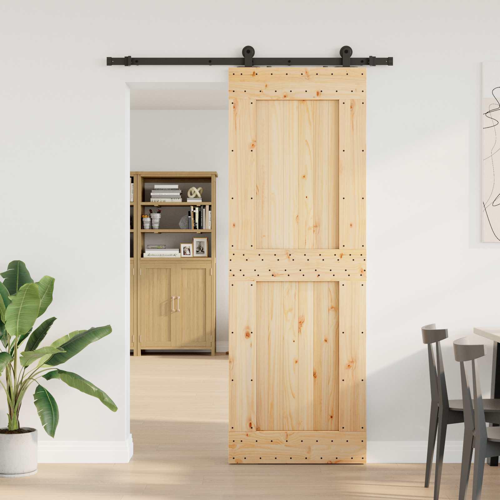 Skydedør NARVIK i fyrretræ - natur/sort 80 × 210 cm (skinnekits 152,5 cm) billede